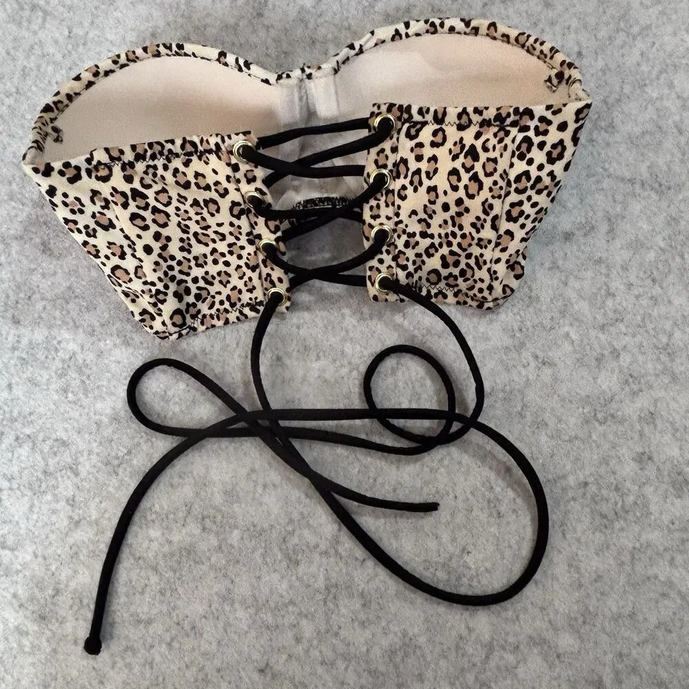 VICTORIA’S SECRET 2 Pc Bikini Leopard Print Top 32C + Gold Bar Bottom Size Small